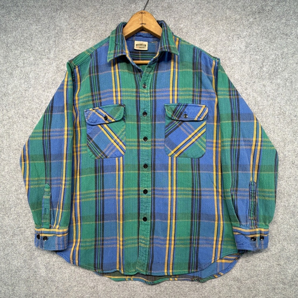 Vintage Five Brother Flannel Shirt Mens L Green Blue Heavyweight Plaid 90s Gorp